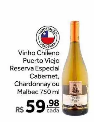 Verdemar Supermercado Vinho chileno puerto viejo reserva especial cabernet, chardonnay ou malbec oferta