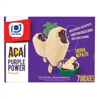 Carrefour Pack picolé açaí cobertura chocolate branco com flocos de banana perfetto purple power caixa 385 g 7 unidades oferta