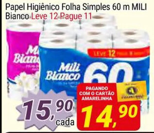 Amarelinha supermercados Papel Higiénico Folha Simples 60m Mili Bianco leve 12 pague 11 oferta