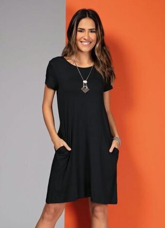 Posthaus Quintess - vestido preto com bolsos e mangas curtas oferta