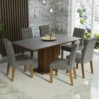 Conjunto sala de jantar mesa tampo de madeira 6 cadeiras rustic/cinza/silver hanna madesa