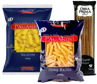 DB Supermercados Mac paganini penne rigate 500g, mac paganini rigatoni 500g, massa integ 3 spaghetti obra prima 500g oferta