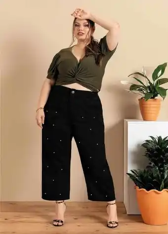 Posthaus Mink - calça plus size preta com detalhe em pérolas oferta