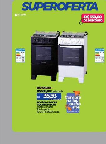 Lojas Certel Fogão 4 bocas coliseum plus atlas oferta