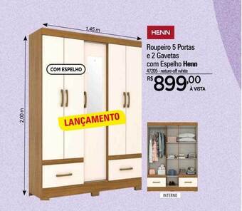 Zenir Roupeiro 5 portas e 2 gavetas com espelho henn oferta