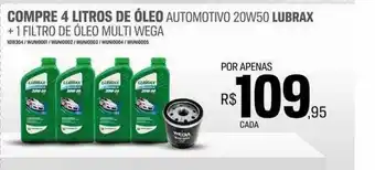 AutoZone Compre 4 litros de óleo automotivo 20w50 lubrax + 1 filtro de óleo multi wega oferta