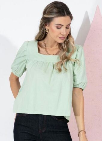 Posthaus Quintess - blusa verde com decote quadrado e franzidos oferta