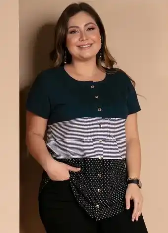 Posthaus Quintess - blusa com botões frontais listras e marinho oferta