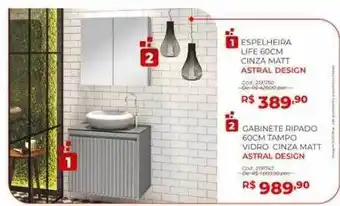 1-espelheira life 60cm cinza matt astral design 2- gabinete ripado 60cm tampo vidro cinza matt astral design