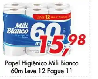 Papel higiênico mili bianco 60 m leve 12 pague 11
