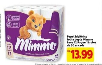 Extra Supermercado Papel Higiénico Folha Dupla Mimmo Leve 12 Pague 11 rolos de 30m cada oferta