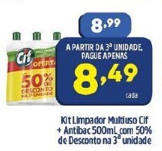 Arena Atacado Kit Limpador Multiuso Cif + Antibac 500ml com 50% de Desconto na 3 unidade oferta
