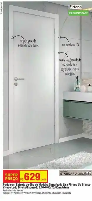 Leroy Merlin Porta com batente de giro de madeira sarrateada lisa pintura uv branco vivace lado direito esquerdo 2.10x0.60 70 80cm artens oferta