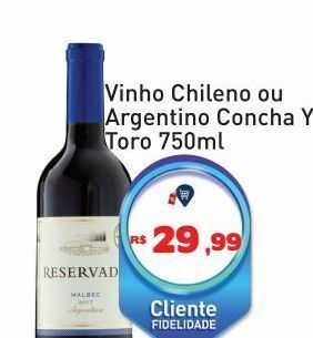 Vinho chileno ou argentino concha y toro 750ml