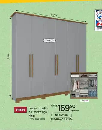 Zenir Roupeiro 6 portas e 3 gavetas vigo henn oferta