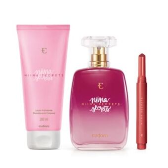 Eudora Combo niina secrets: desodorante colônia + loção corporal + batom gloss stick vermelho tulipa oferta