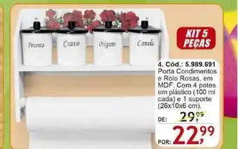 Porta Condimentos E Rolos Rosas Em Mdf Com 4 Potes Em Plástico (100ml Cada) E 1 Suporte (26x10x6 Cm)