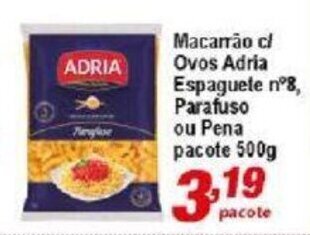 Ricoy Supermercados Macarrao c/ Ovos Adria Espaguete n 8, Parafuso ou Pene pacote 500g oferta