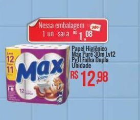 Mart Minas Papel higiênico max pure 30m lv12 pg11 folha dupla unidade oferta