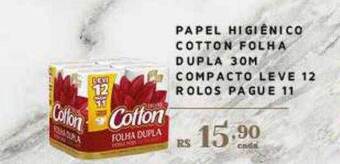 Papel higiênico cotton folha dupla 30m compacto leve 12 rolos pague 11