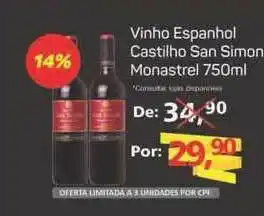 Supermercados ABC Vinho Espanhol Castilho San Simon Monastrel 750ml oferta