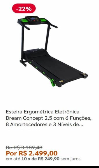 Esteira Ergometrica Eletronica Dream Concept 2.5 com 6 funcoes, 8 Amortecedore