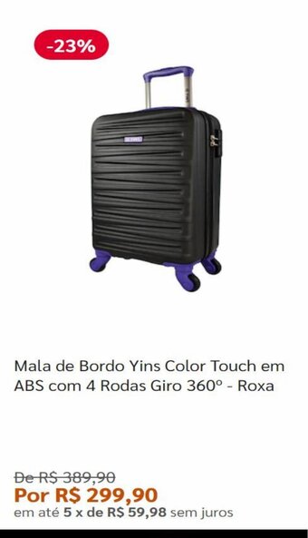 Mala de Bordo Yins Color Touch em ABS com 4 Rodas Giro 360 Roxa