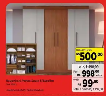 Deltasul Roupeiro 6 Portas Saara s/ Espelho oferta