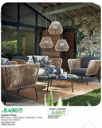 Conjunto 4 peças mod. macao 1 sofá 2 lugares 2 potronas e 1 mesa em aço e vime naterial