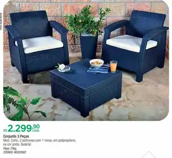 Leroy Merlin Conjunto 3 peças mod. corfu 2 poltrona com 1 mesa em polipropileno na cor preta naterial oferta
