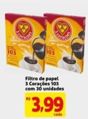Extra Supermercado Filtro de Papel 3 Coracoes 103 com 30 unidades oferta
