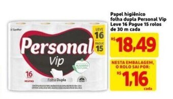 Extra Supermercado Papel Higiénico Folha Dupla Personal Vip leve 16 pague 15 rolos de 30m cada oferta