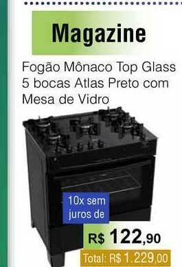 Fogão Mônaco Top Glass 5 Bocas Atlas Preto Com Mesa De Vidro
