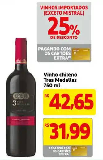 Mercado Extra Vinho Chileno Tres Medallas 750ml oferta