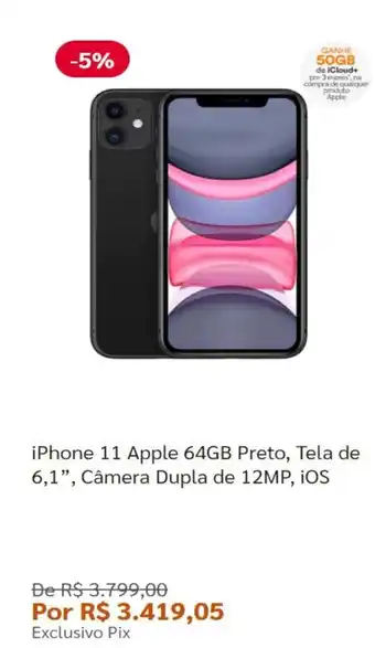 Pontofrio IPhone 11 Apple 64GB Preto, Tela de 6.1" Camera Dupla de 12mp iOS oferta