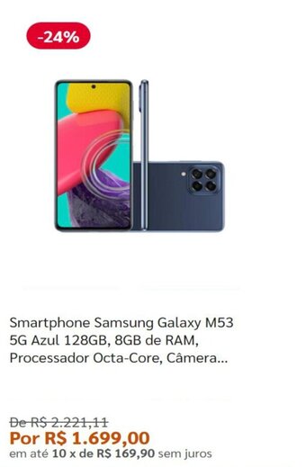 Pontofrio Smartphone Samsung Galaxy M53 5G Azul 128GB, 8GB de Ram oferta