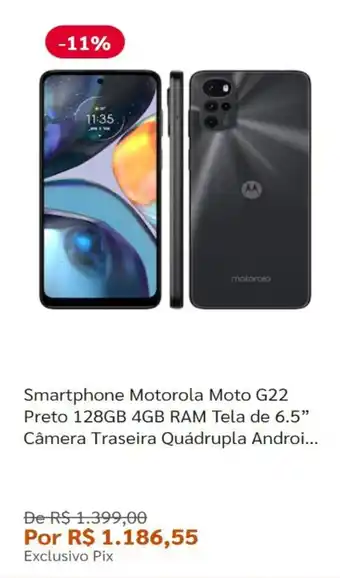 Pontofrio Smartphone Motorola Moto G22 Preto 128GB 4GB Ram Tela de 6.5" oferta