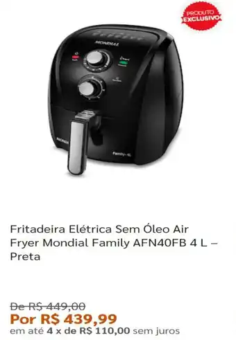 Pontofrio Fritadeira Eletrica Sem Oleo Air Fryer Mondial AFN40BI Family 4L preta oferta