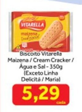 Shibata Supermercados Biscoito Vitarella Maizena/ Cream Cracker/ Agua e Sal 350g oferta