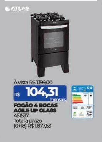 Lojas Certel Fogão 4 bocas agile up glass atlas oferta