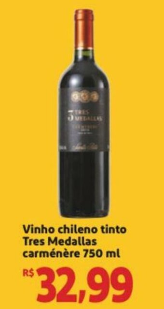 Extra Supermercado Vinho Chileno tinto Tres Medalhas carmenere 750ml oferta