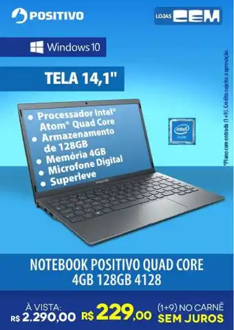 Lojas Cem Notebook Positivo Quad Core 4GB 128gb 4128 oferta