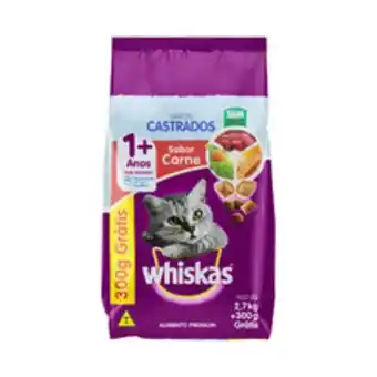 Supermercados Pague Menos Ração para gatos castrados whiskas carne leve 3kg pague 2,7kg oferta