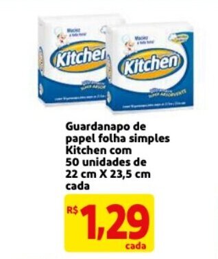 Guardanapo de papel folha simples Kitchen com 50 unidades de 22cmx23.5cm cada