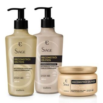 Combo reconstrói os fios: shampoo 400ml + condicionador 400ml + máscara capilar 250g