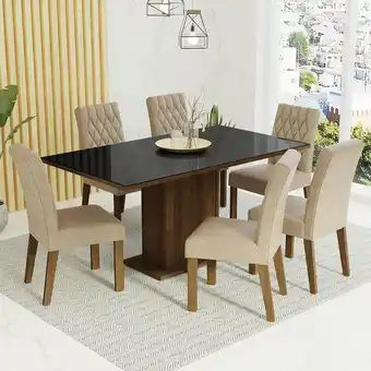 Pão de Açúcar Conjunto sala de jantar mesa tampo de vidro 6 cadeiras rustic/preto/imperial geórgia madesa oferta