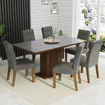 Pão de Açúcar Conjunto sala de jantar mesa tampo de vidro 6 cadeiras rustic/cinza/silver geórgia madesa oferta