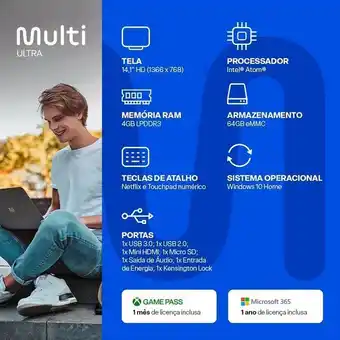 Pão de Açúcar Notebook legacy cloud win10 home intel quad 4gb 64gb 14,1 pol. hd cinza + microsoft 365 personal com 1tb na nuvem - pc137 oferta