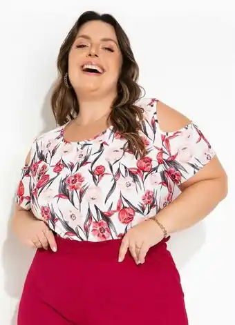 Posthaus Marguerite - blusa floral branca com ombros vazados plus size oferta