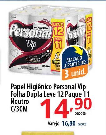 Akki Atacadista Papel higiênico personal vip folha dupla leve 12 pague 11 neutro c 30m oferta